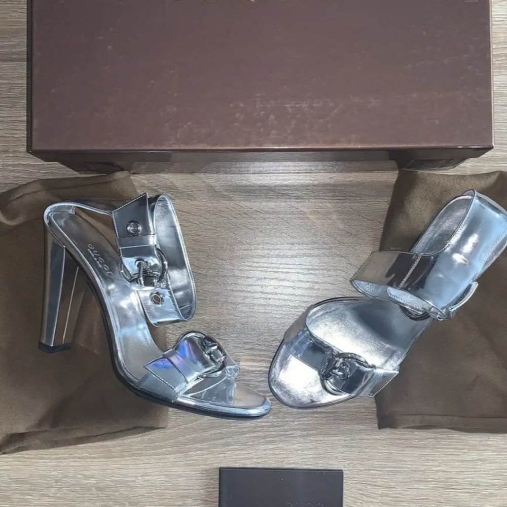 Authentic Gucci Silver Sandals - Metallic Buckle Ankle Strap - Size 6.5 US